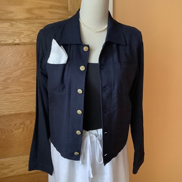ELLEN TRACY Navy Crop Linen Blend Jacket Size M - Picture 2 of 15